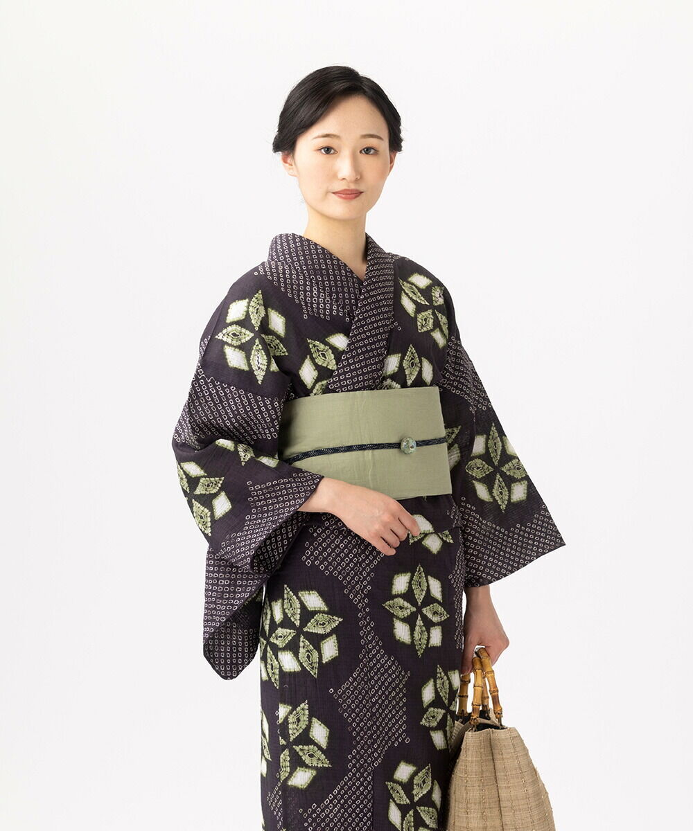浴衣 有松鳴海絞り 花模様 鹿の子 ジグザグ ネイビー 着物 034a d  