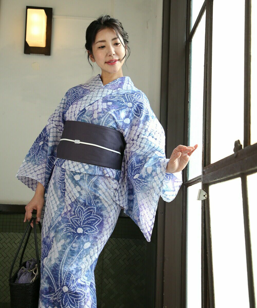 浴衣 有松鳴海絞り 蝶 花 流水 ブルー系 着物 054w d 高かろ 