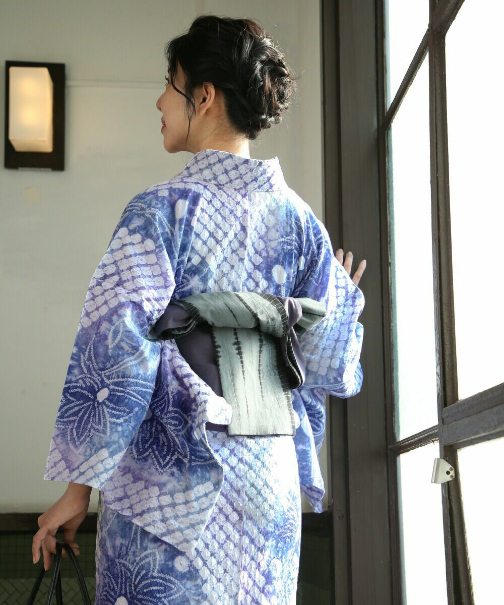 藍色地に三色使い 蘭と紫陽花 有松絞り浴衣 ❤️❤️❤️