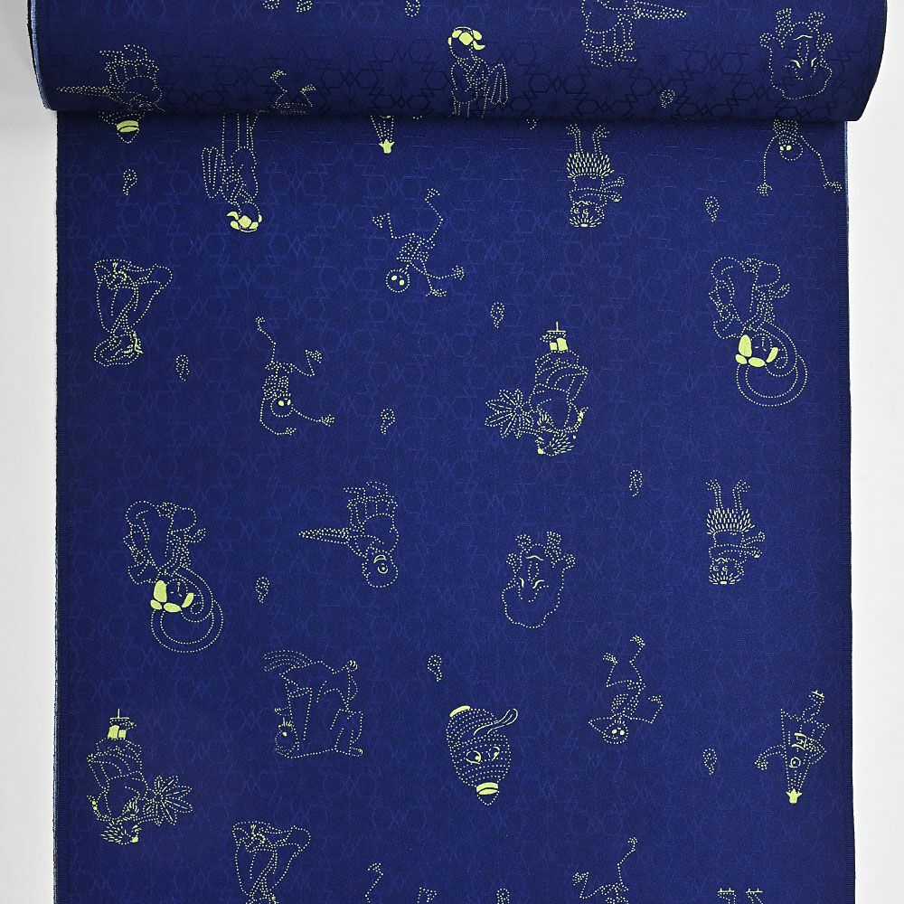 東レ シルック 長襦袢 万葉レトロ襦袢 百鬼夜行 紺 洗える長襦袢