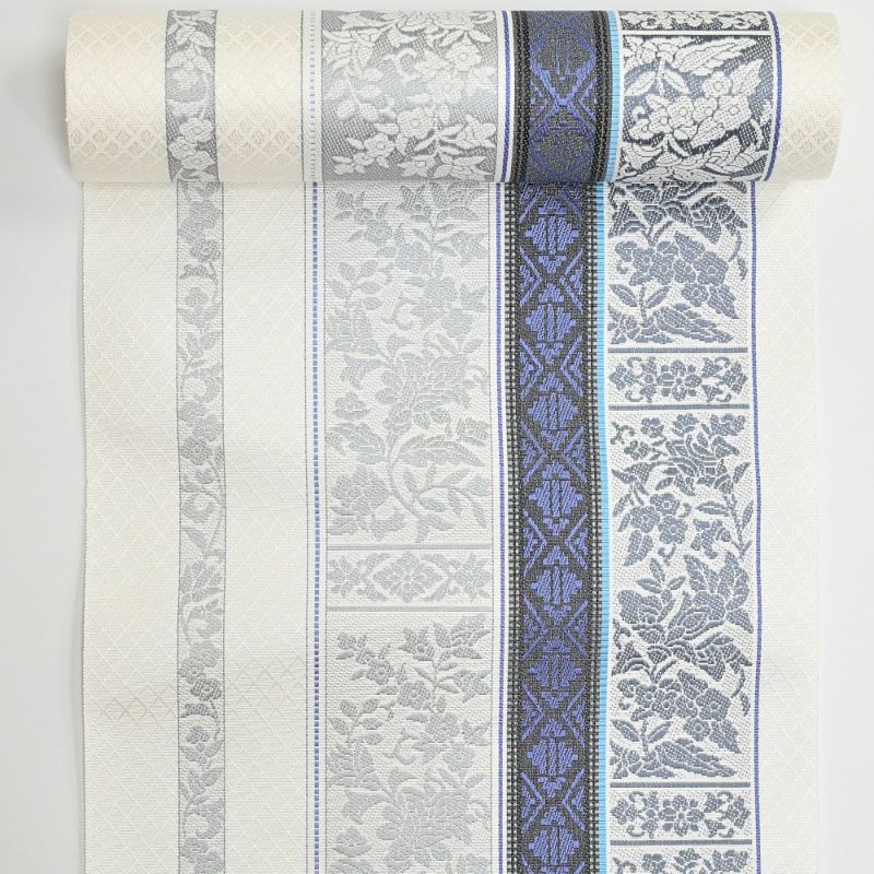 新品未仕立 博多帯 博多織 老舗織屋 八寸 名古屋帯 葡萄唐草柄 白地 仕立代込 お仕立て代込】博多織 名古屋帯 博多帯 八寸帯 欧風唐草 白地 透けない