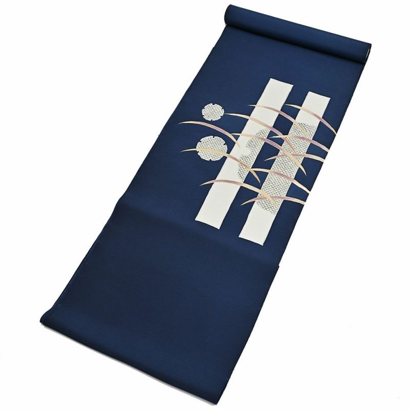 お仕立て代込＞名古屋帯 染め帯 九寸帯 塩瀬 雪輪 鹿の子 紺 お太鼓柄